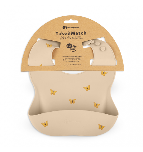 Petite& Mars Take&Match - śliniak silikonowy 6m+ | Sand Butterflies